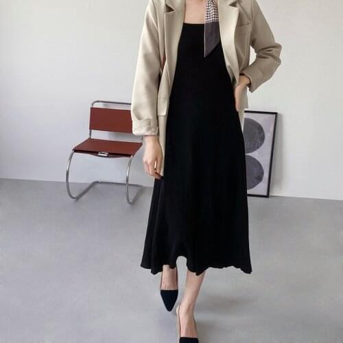 Black Knitted Vest One-piece Dress For Women 2021 Summer A-line Dresses Sleeveless American Vintage Corset Dress Swing-skirted