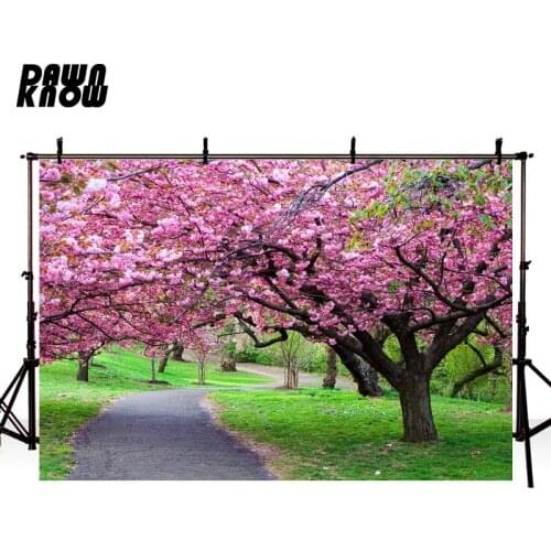 DAWNKNOW Grass Photography Background Pink Flower Tree Photocall Wedding Photo Studio Children Photographic Backdrop lv1709