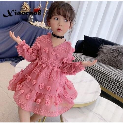 Kids Long Sleeve Dress Girl Rose Red V Neck Flower Princess Dress Teenage Children Solid Chiffon Dresses for Girls Party Clothes
