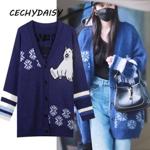Long Sweaters Women High Street Loose Casual Winter Clothes Animal Polar Bear Knitted Cardigans Celebrity Outwear Mujer Suéteres