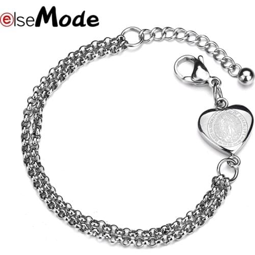ELSEMODE Romantic Love Heart Virgin Mary Jesus Double Layers Bracelets Silver Color Stainless Steel for Women Religious Jewelry