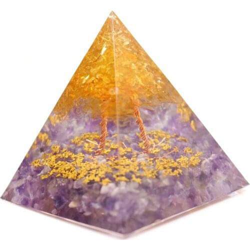 FYJS Unique Orgonite Amethysts Stone and Resin Pyramid Pendant Tree of Life Yellow Citrines Crystal Jewelry