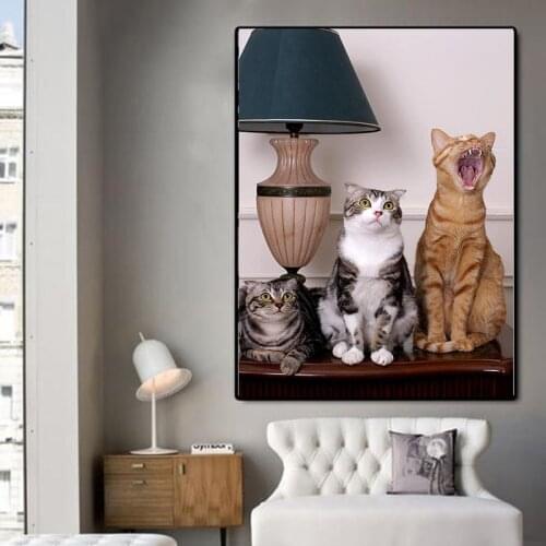 Three Yawning Cats Canvas Painting Wall Art Pictures Cute Animals Poster Abstract Prints Modern Home Decor for Bedroom