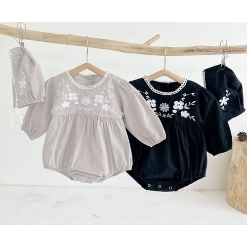 Baby Girl Clothes Set Exquisite Luxury Solid Color Long Sleeve Embroidered Flower Lace Collar Romper Hat Outfit Infant Clothing