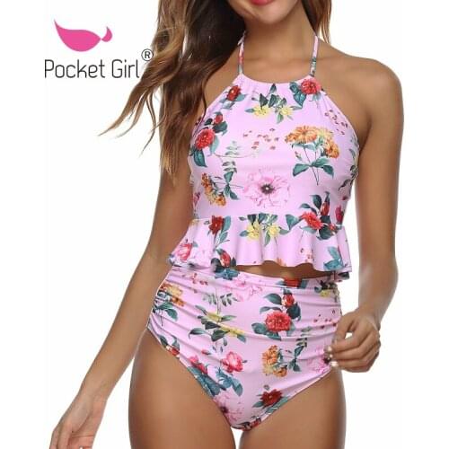 Pocket Girl 2021 Floral Ruffled Bikini Set Women Flora High-Waisted Two Piece Swimsuit Girl Beach Bathing Suit Swimwear Biquinis