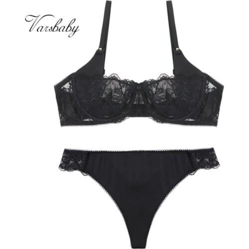 Varsbaby sexy 2 pc bras+thongs unlined floral lace half cup transparent bra and panties set