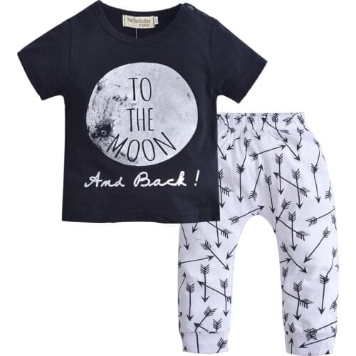 2pcs Newborn Baby Boys Girl Clothes Set Letter TO THE MOON Outfit Short Sleeves Tops T-shirt Arrow Pants Baby Boy Clothing Set