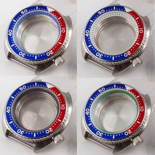 BLIGER 45mm Brushed Men Watch Case fit NH35A NH36A Movement BLUE RED Alloy Insert Sapphire Glass Screw Crown