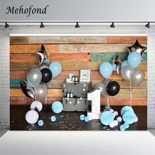 Mehofond Wooden Wall Black Blue Balloons Boy 1st Birthday Photography Backdrops Silver Stars Cake Smash Photo Background Studio