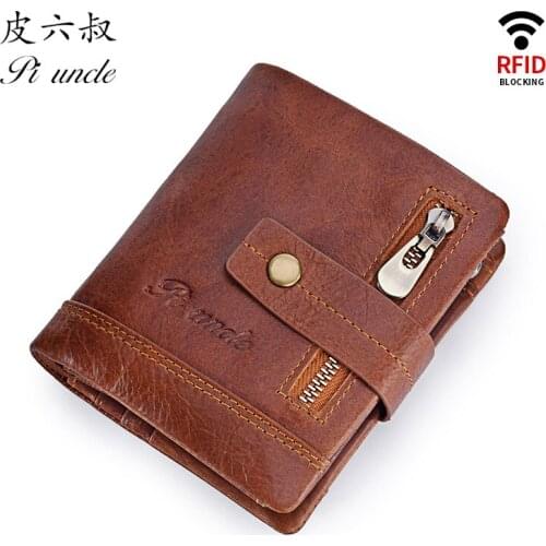 RFID Genuine Leather Wallet Retro Mens Wallet First Layer Cowhide Vertical Wallet Card Holder Zipper Pocket