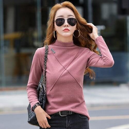 Shintimes Autumn Winter T Shirt Women Long Sleeve T-Shirt Button Patchwork Half Turtleneck 2020 Slim Tshirt Womens Tops Clothes