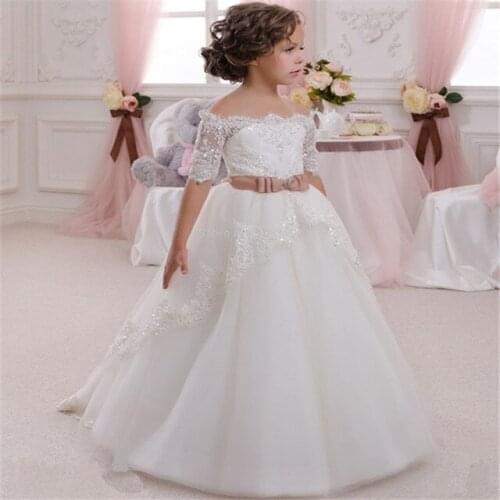 First Communion Dress Hollow Back Lace Up Appliques Half Sleeves Bow Shoulderless Ruffle Baby Girl Christmas Tulle Ball Gown