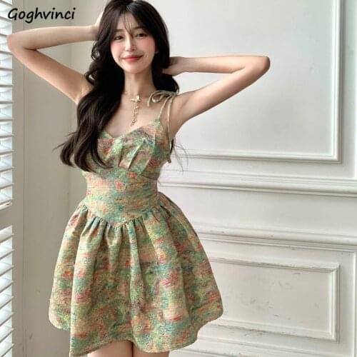 Sleeveless Dress Women Paint Printed Low Cut Sexy Ball Gown Vintage Elegant Spaghetti Strap Backless Streetwear Club Style Ins