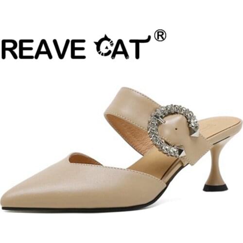 REAVE CAT 2021 Elegant Sandals Pointed Toe Rhinestone 7cm High Spool Heel Leather Slip-On Slingbacks Summer Mules Black Apricot