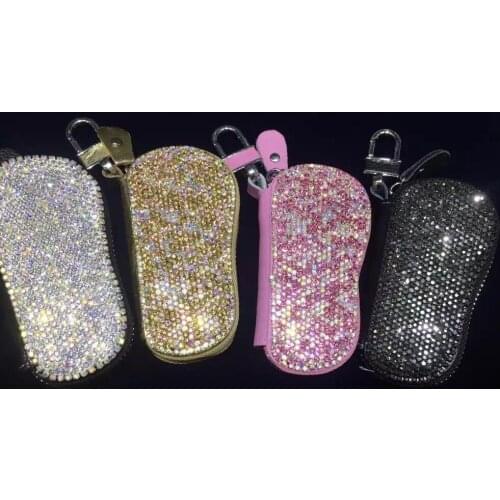 Luxury Leather Car Key Case Keys Bag with Bling Bling Crystals Keys Storage Organizer Bag for Women