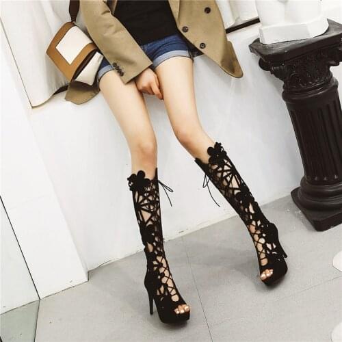 Sarairis 2020 New Fashion Peep Toe Summer Boots Woman Shoes Flock Thin High Heels Platform Flowers Shoes Women Boots Female