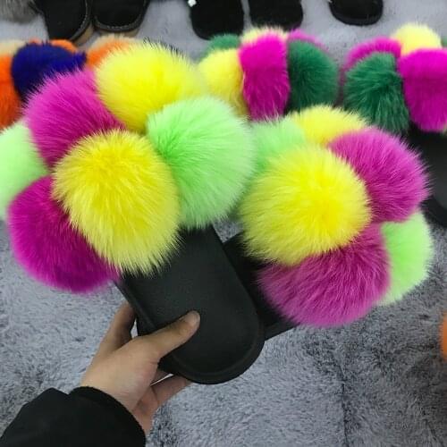 Colorful Fur Slippers Women Summer Fashion Pom Pom Slides Real Fox Fur Sandals Open Toe Beach Flip Flops Indoor Outdoor Slippers