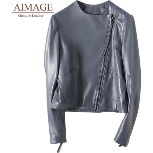 Stylish lady sheepskin leather oblique zipper trend stand collar pocket кожа натуральная куртка tassels long sleeve outwear PY03