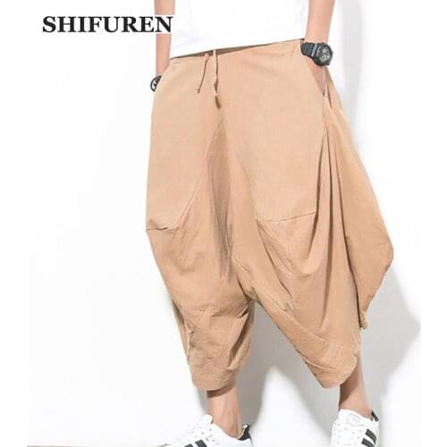 SHIFUREN Loose Men Capri Pants Cotton Harem Pants Wide Leg Comfortable Male Short Trousers Bloomers Beachwear Plus Size M-5XL