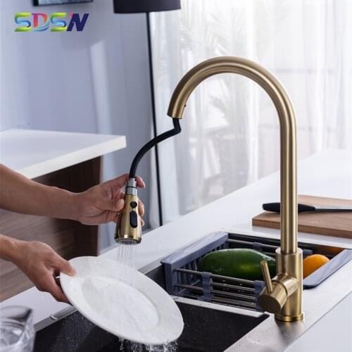Pull Out Kitchen Faucet SDSN Gold Brushed Pull Down Kitchen Faucets Stainless Steel Kitchen Mixer Tap Brushed Black Kitchen Tap