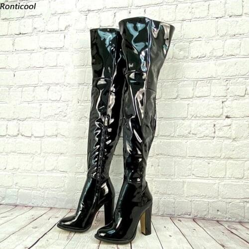 Ronticool Handmade Women Winter Thigh Boots Glossy Half Side Zipper Chunky Heels Round Toe Black Club Shoes Women Us Size 5-15