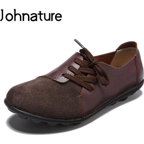 Johnature 2020 New Spring/autumn Retro Genuine Leather Round Toe Lace-up Solid Soft Sole Sewing Comfortable Womens Flat Shoes