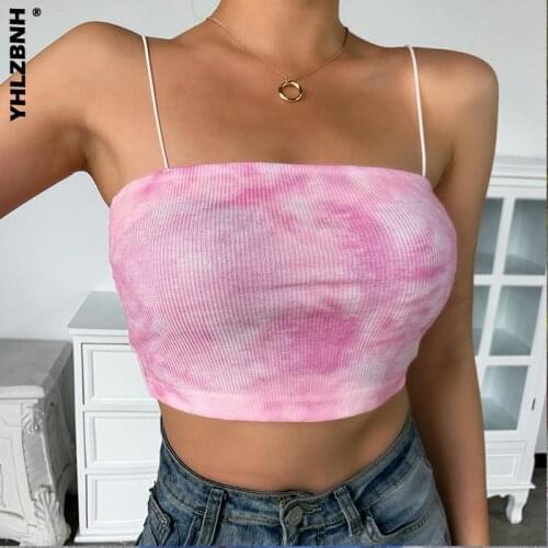 YHLZBNH Blue Pink Tie- dye Camis Womens Summer Sexy Strappy Harajuku Crop Tops Blouse Y2K Ladies Backless Vests Streetwear