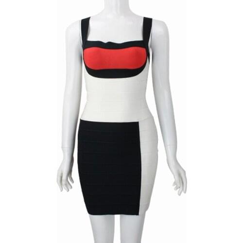 Women Sexy Spaghetti Strap Patchwor Colors Rayon Elastic Celebrity Bandage Dress Bodycon Mini Club Party Dresses Dropship