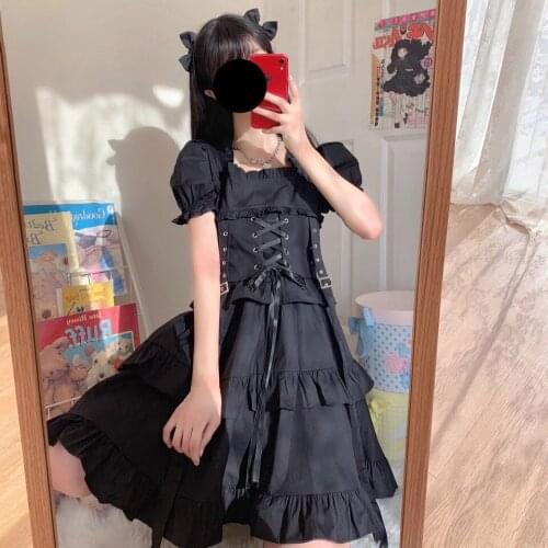 Women Lolita Dress Harajuku Gothic Kawaii Ruffle Puff Sleeve Bandage Black Dress черное платье готика ロリータ платье в стиле панк