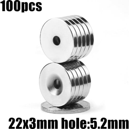 100pcs 22 x 3 mm Hole: 5.2mm super Strong Round Neodymium Countersunk Ring Magnets Rare Earth N50 Free Shipping