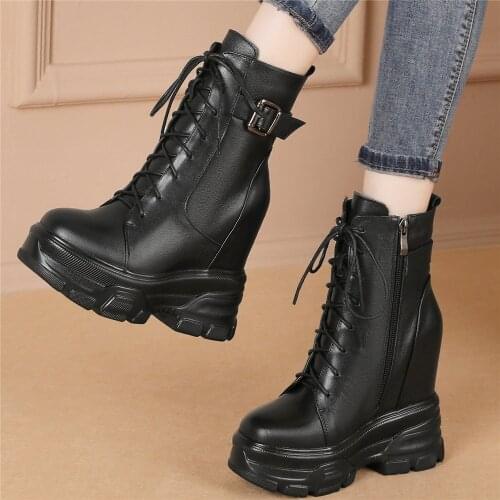 Fashion Sneakers Women Lace Up Genuine Leather Wedges High Heel Ankle Boots Female High Top Platform Pumps Shoes Casual Shoes