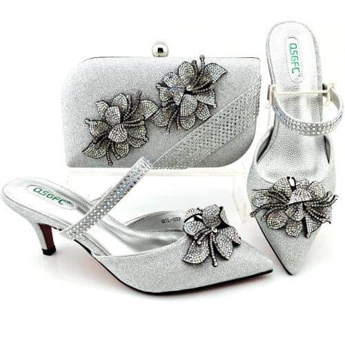 Doershow New Arrival African Wedding Shoes and Bag Set silver Italian Shoes with Matching Bags Nigerian Women party! HGO1-14