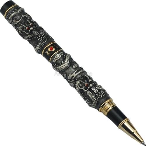 Jinhao Ancient Rollerball Pen Double Dragon Playing Pearl Metal Carving Embossing Heavy Pen Grey For Writing Accessories