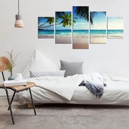 Canvas Paintings Living Room Wall Art HD Prints 5 Pieces Palm Tree Beach Pictures Blue Sky Seascape Posters Home Decor Framework