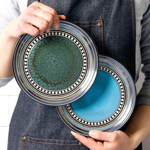 Ceramic plate flat tray creative dish plate Japanese retro tableware sushi plate round fruit plate kiln personality set CL90711