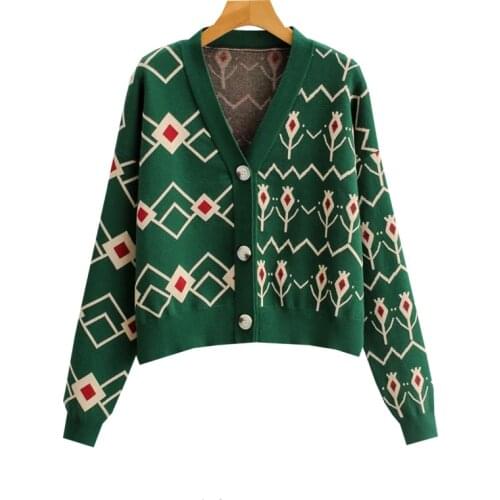 Korean Chic V-neck Cardigan Women Autumn Buttons Printed Green Cardigans Knitted Sweater Vintage Long Sleeve Girl Outerwear Coat