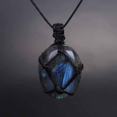 Labradorite Moonstone Natural Irregular Stone Wrap Braid Macrame Energy Necklace For Men Women