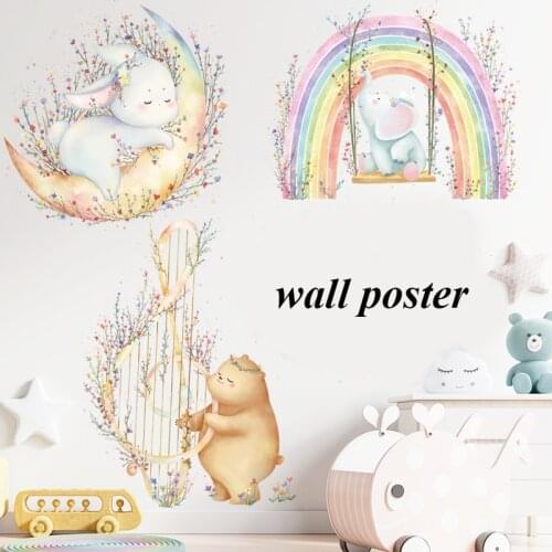 Trendy Nordic Pink Rainbow Flower Wall Sticker For Nursery Kindergarten Baby Room Decoration Decor Removable Transparent Murals