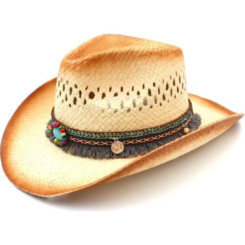Fashion Women Western Cowboy Hat With Tassel Ribbon Handmade Weave Lady Beach Sun Sombrero Mesh Cowgirl Hat Size 58CM