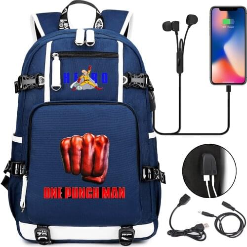 Anime One Punch Man USB Charging Headphone High Quality Student Backpack Laptop Bag Casual Teenager Zip Cartoon Schoolbag