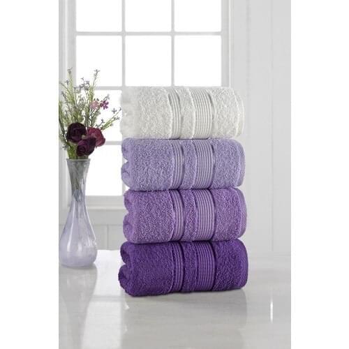 Soft Towel Set 4 Pcs Cotton Hand and Face Towels Purple Color 50 x 85 Cm Made in Turkey