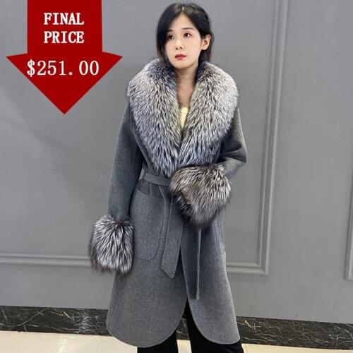 Wool Blend Coat Jacket With Natural Fox Fur Collar And Cuffs Winter Warm Fashion Knee-Length Fur Cardigan 2021 New Arrival