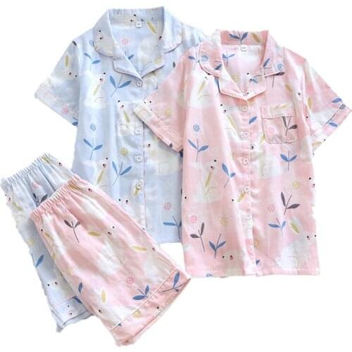 Summer New Women 2Pcs Household Pajamas Set Cute Turn-Down Collar Ladies Loose Sleepwear Turn-Down Collar Top+Shorts Casual Wear