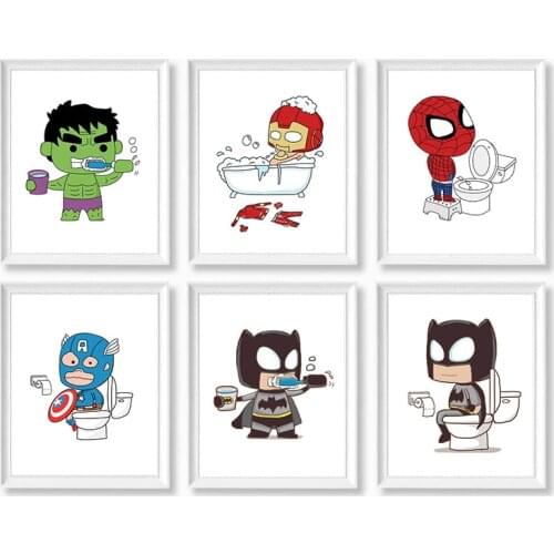 Marvel Movie Avengers Bathroom Wash Canvas Painting Q version Posters and Prints Wall Art Picture Home Decoration Kids Gift