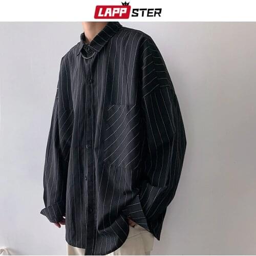 LAPPSTER Men Striped Shirts Streetwear Casual 2021 Man Black Oversized Shirts White Harajuku Vintage Long Sleeve Shirt For Men