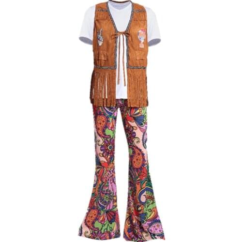 Shirt +Jacket +Pants Adult Retro 60s 70s Hippie Disco Costume Halloween Party Native Indians Tassels Stage Performance Wear