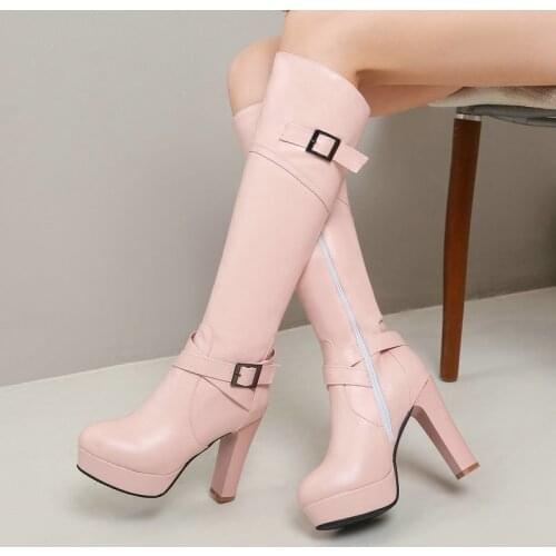 Ladies Sweet Knee High Boots Spring Autumn Fashion Belt Buckle Zipper Womens Shoes Winter Warm Platform Super High Heel Boots