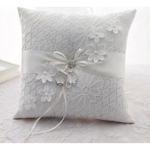 21X21cm Bowknot Flowers Wedding Ring Pillow Handmade Lace Embroidery Cushions Romantic Wedding Decoration Accessories