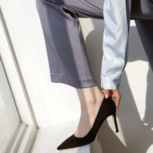 Pointed High Heels Women Wedding Shoes Ladies Pumps Dress Shoes Womens Leather High Heel Shoes Big Size 42 Black Heels