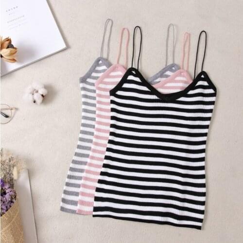 Women Knitted Tank Tops Sexy Spaghetti Strap Stretch Cropped Tops 2020 Striped Knit Camisole One Size Hot Sale WDC4755